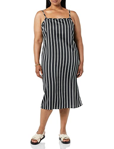 Photo 1 of Amazon Aware Women's Recycled Polyester Stretch Satin Georgette Strap MIDI Dress (Available in Plus Size), Black/Ivory, Stripe, XX-Large
