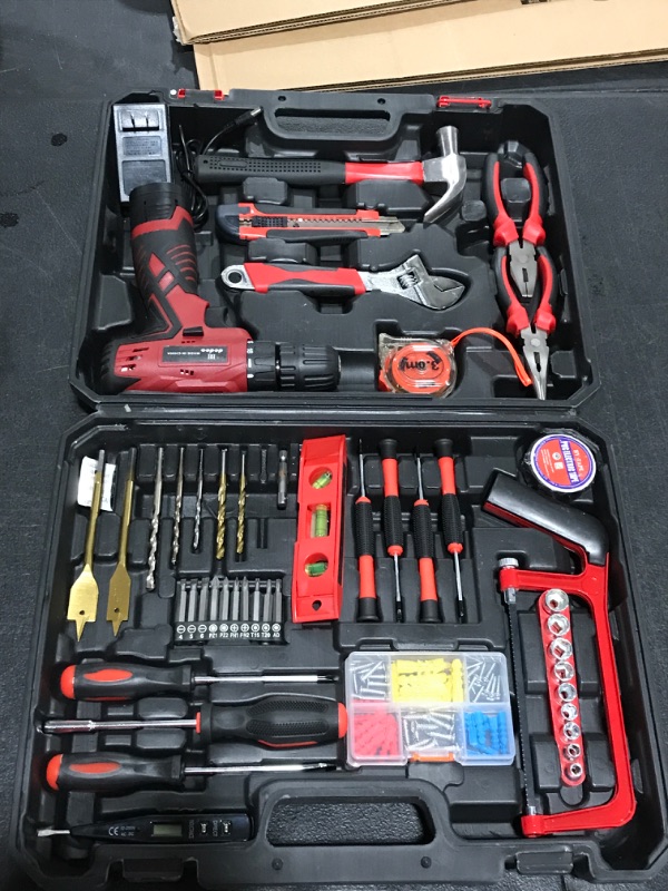 Photo 2 of DD dedeo Tool Set with Drill, 108Pcs Cordless Drill Household Power Tools Set with 16.8V Lithium Driver Claw Hammer Wrenches Pliers DIY Accessories Tool Kit 108Tool Set