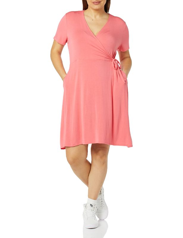 Photo 1 of Amazon Essentials Women's Cap-Sleeve Faux-Wrap Dress Rayon Blend Hot Pink Medium
