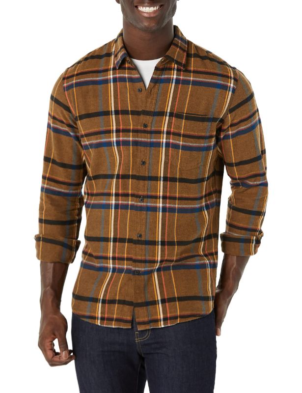 Photo 1 of Amazon Essentials Men's Slim-Fit Long-Sleeve Flannel Shirt Medium Dark Brown Navy Stripe