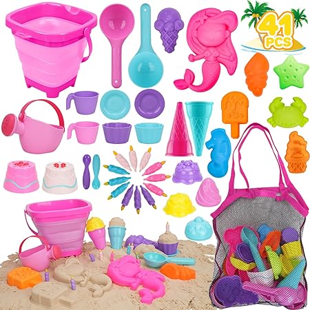 Photo 1 of TOY Life Collapsible Beach Sand Toys for Kids 3-10, 41 Pcs Travel Mermaid Beach Sand Toys for Toddlers Girls Foldable Sand Bucket and Shovels, Ice Cream Sand Molds Toys Mesh Bag Toddler Sandbox Toys
