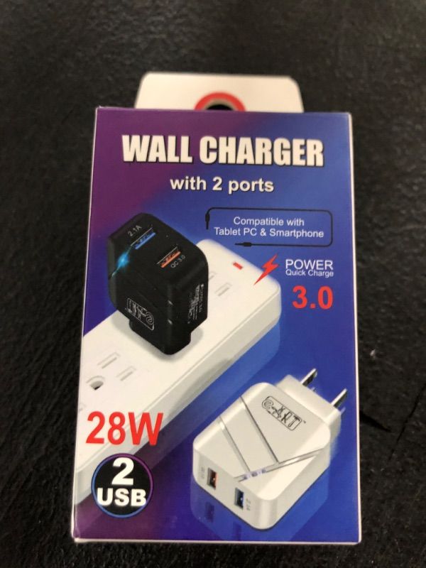Photo 2 of e-ART USB Wall Charger 28W Dual Port QC3.0 Amps Fast Charging Block with LED Indicator, USB Cube Adapter Plug in Gift Box for iPhone 14 13 12 11 Pro Max XR Xs, Samsung, Android Phones, Tablet (White)