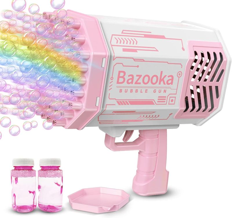 Photo 1 of 69 Holes Bubble Machine Gun-Big Rocket Boom Bubble Blower/Bubble Gun Blaster with Colored Lights, Giant Foam Maker Guns Toys Wedding Outdoor Party Gift for Kids Adults (Pink)