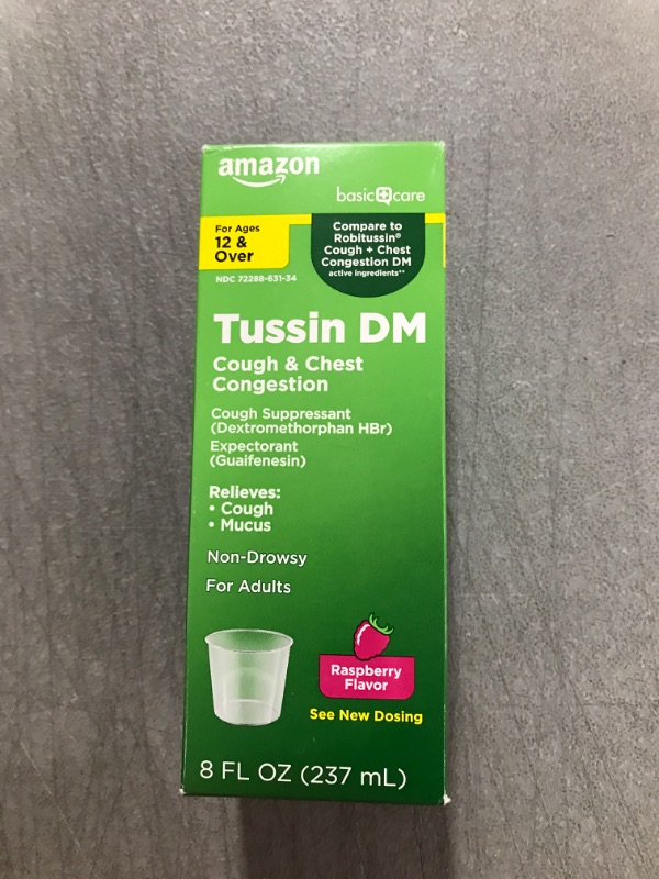 Photo 2 of Amazon Basic Care Tussin Cough Plus Chest Congestion DM, Raspberry Flavor, 8.0 Fluid Ounce