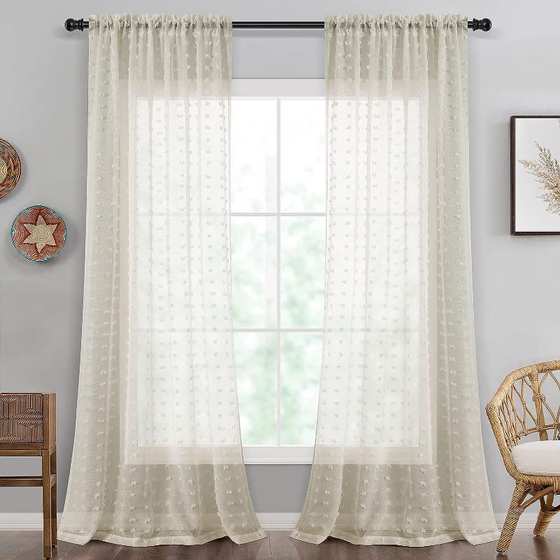 Photo 1 of 96 Inches Long Sliding Glass Door Curtains Pom Pom Beige Sheer Curtain for Living Room Textured 2 Panels Sheer Window Curtain Panels 84 In Curtains Farmhouse Sheer Boho Rod Pocket 52x96 Length 