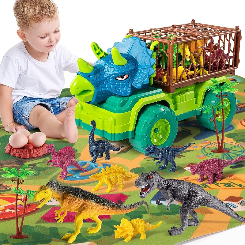 Photo 1 of Dinosaur Transport Truck Toy Play Set for Toddlers, Triceratops Cage Vehicle Carrier Car Toys for Kids 3 4 5 6 7 Years, Monster Truck with 8 Dino Figures & Play Mat, Gift for Boys and Girls Triceratops Dino Truck