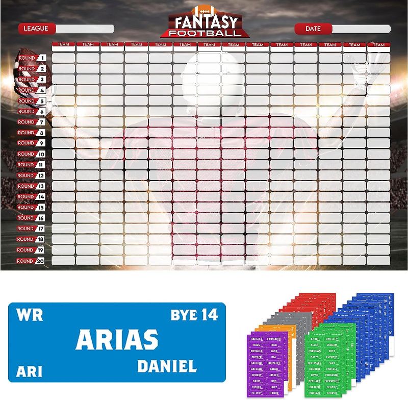 Photo 1 of 
Sumapner Fantasy Football Draft Board 2023-2024 Kit, 817 Player Labels, 6 FT x 4 FT Extra Large Board with 14 Teams 20 Rounds, Including 2023 Top Rookie, Premium Color Edition
