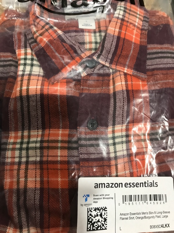Photo 2 of Amazon Essentials Men's Slim-Fit Long-Sleeve Flannel Shirt Large Burgundy Orange Plaid- LARGE 