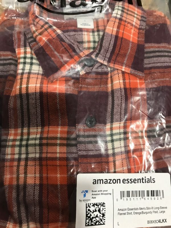 Photo 2 of Amazon Essentials Men's Slim-Fit Long-Sleeve Flannel Shirt Large Burgundy Orange Plaid