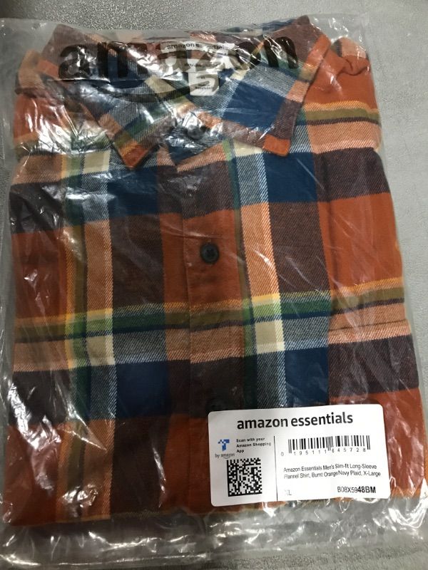 Photo 2 of Amazon Essentials Men's Slim-Fit Long-Sleeve Flannel Shirt X-Large Blue Rust Orange Plaid