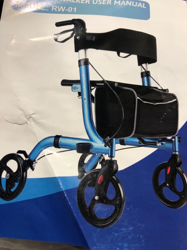 Photo 1 of  Rollator Walker with Seat for Seniors,4 x 10" Wheels Upright Walker with Shock Absorber,Padded Backrest and One-Hand Folding Design,Lightweight Mobility Walking Aid with Handle to Stand up,Blue