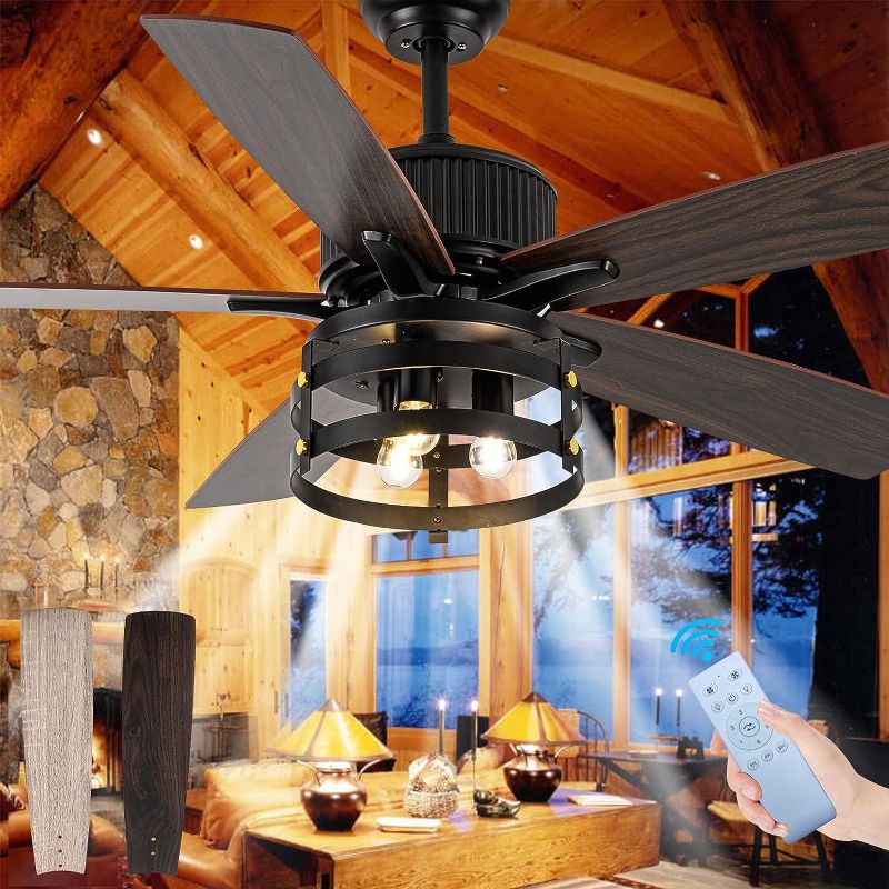 Photo 1 of  Rustic Ceiling Fan with Lights, 52 Inch Industrial Ceiling Fan Outdoor Ceiling Fan for Patio, Large Airflow Reversible Dual Finish Blades Rustic Ceiling Fan for Indoor with Timing ?Function