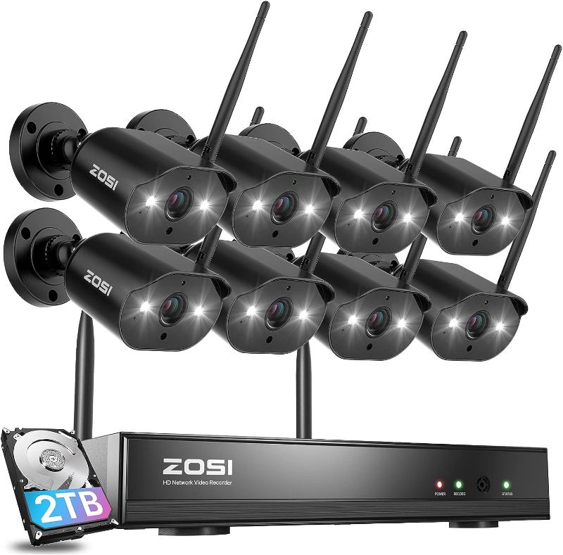 Photo 1 of ZOSI 8CH 2K Wireless Security Camera System Outdoor Indoor, 8 X 3MP WiFi IP Camera with Color Night Vision, Spotlight, 2-Way Talk, Light & Siren Alarm, 2TB HDD for 24/7 Recording