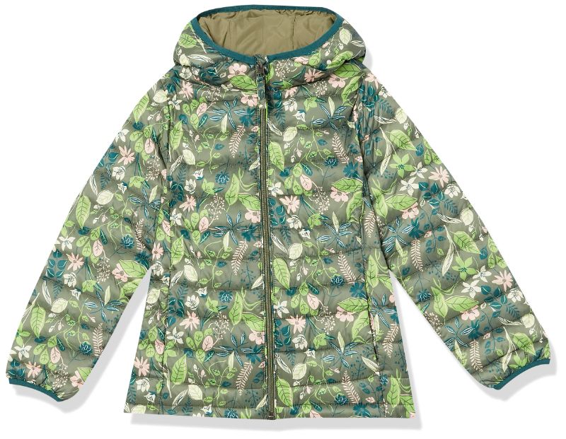 Photo 1 of Amazon Essentials Girls and Toddlers' Lightweight Water-Resistant Packable Hooded Puffer Jacket SIZE 4T Green, Floral