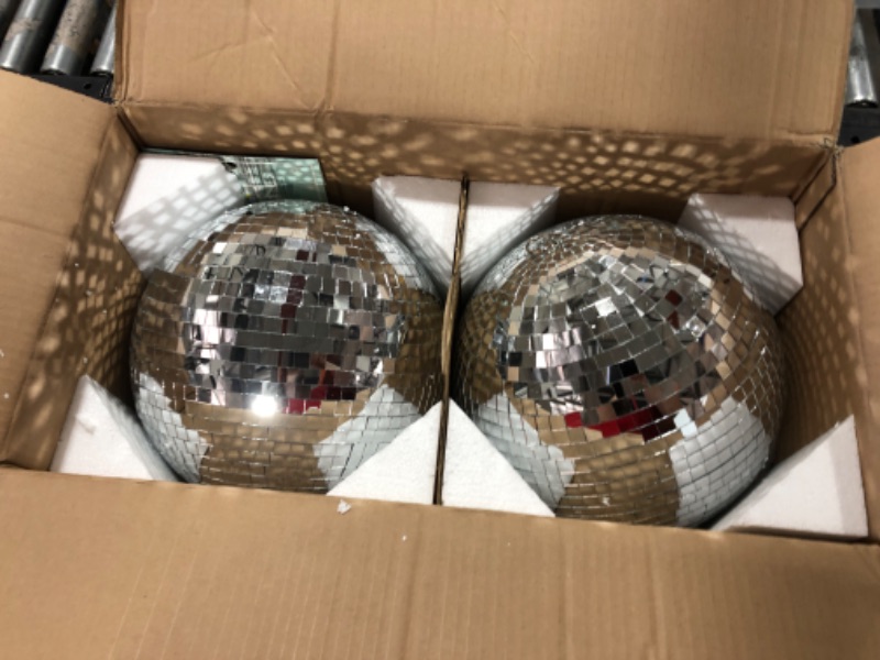 Photo 2 of 2 Pack Large Disco Ball Silver Hanging Mirror Disco Ball Reflective Mirror Disco Ball Ornament for Party Holiday Wedding Dance Music Festivals Decor Club Stage Props DJ Decoration (12 Inch, 12 Inch)