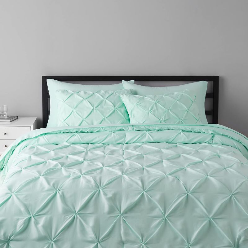 Photo 1 of Amazon Basics 7-Piece Lightweight Microfiber Bed-in-a-Bag Comforter Bedding Set, Full/Queen, Jade Mint Pinch Pleat, Solid
