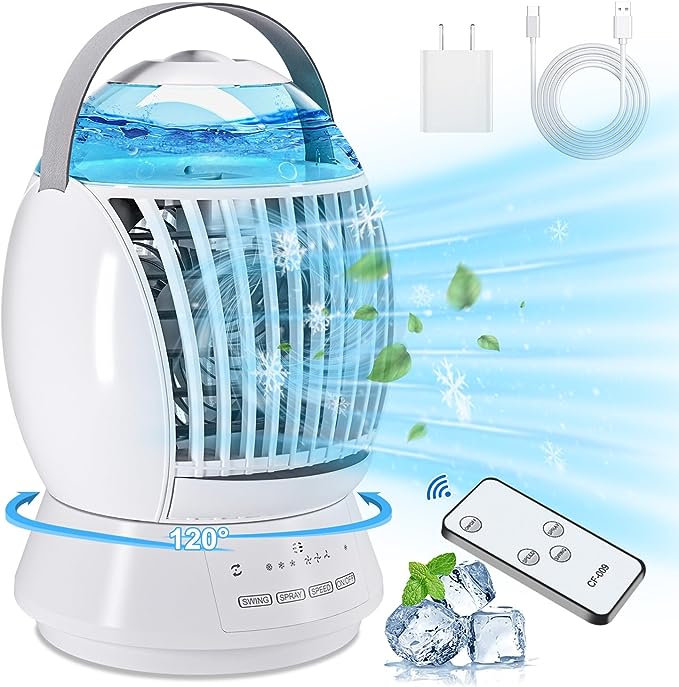 Photo 1 of ?Azoiito Portable Air Conditioner Fan with Remote Control,Personal Evaporative Air Cooler with 3 Wind Speed& 3 Spray Mode,120° Oscillation Cooling Fan with Humidifier for Room,Office,Desk,Bedroom