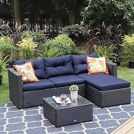 Photo 1 of **MISSING MOST OF THE SET*** PHI VILLA Patio Sectional Clearance Wicker Rattan Small L-Shaped Outdoor Furniture Sofa Set with Upgrade Rattan (3 Piece,Blue)