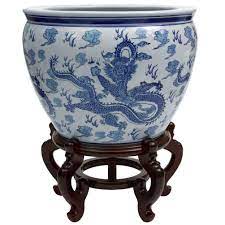 Photo 1 of (STAND NOT INCLUDED) Oriental Furniture 18 in. Dragon Blue & White Porcelain Fishbowl 