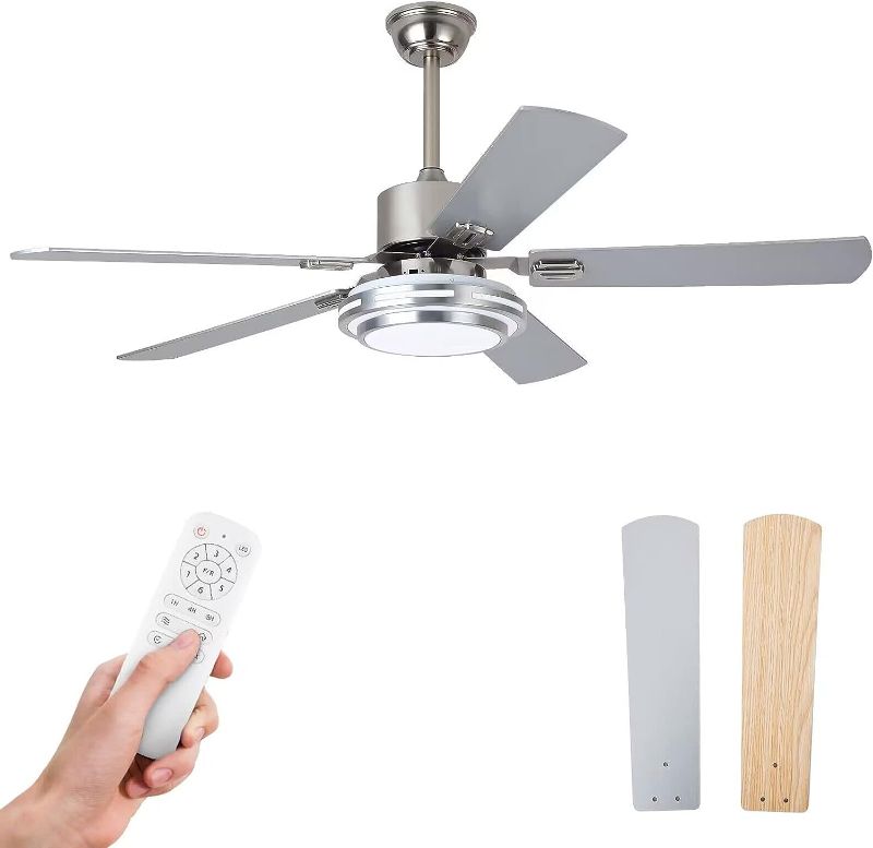 Photo 1 of Chriari 52 Inch Ceiling Fans with Lights Remote Control, Wood Low Profile Ceiling Fan with 5 Silver Blades Quiet Reversible DC Motor, Modern Ceiling Fan with 6 Speeds, Dimmable LED Light, Smart Timing