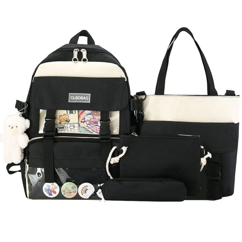 Photo 1 of Kawaii Backpack 4Pcs Aesthetic Backpack Cute Kawaii School Bag with Pendant and Shoulder Bag, Pencil Box, Lunch Bag, Tote Bag Black