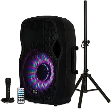 Photo 1 of Acoustic Audio by Goldwood Bluetooth LED Light Display Speaker Set - Includes Remote Control and Stand - 15 Inch Portable Sound System, 1000W - AA15LBS, Black, 16 x 14 x 27 Inches