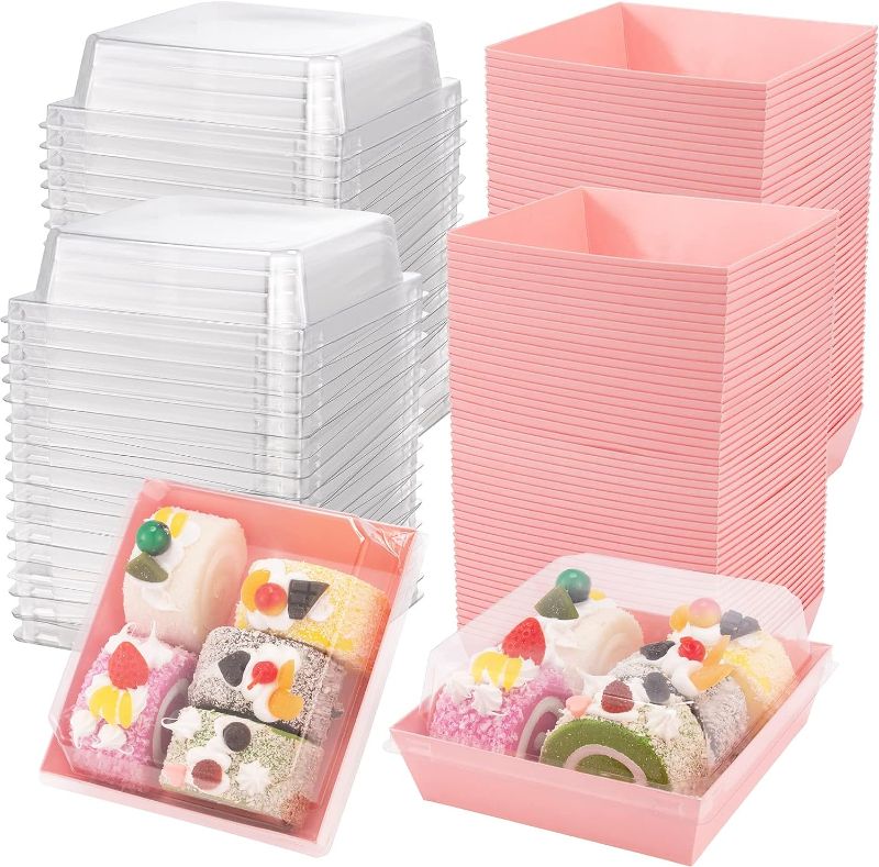 Photo 1 of 100 Packs Charcuterie Boxes with Clear Lids 5" Pink Paper Dessert Boxes Bakery Boxes Square Disposable Cookie Containers for Sandwich, Slice Cake, Hot Cocoa Bombs, Strawberries
