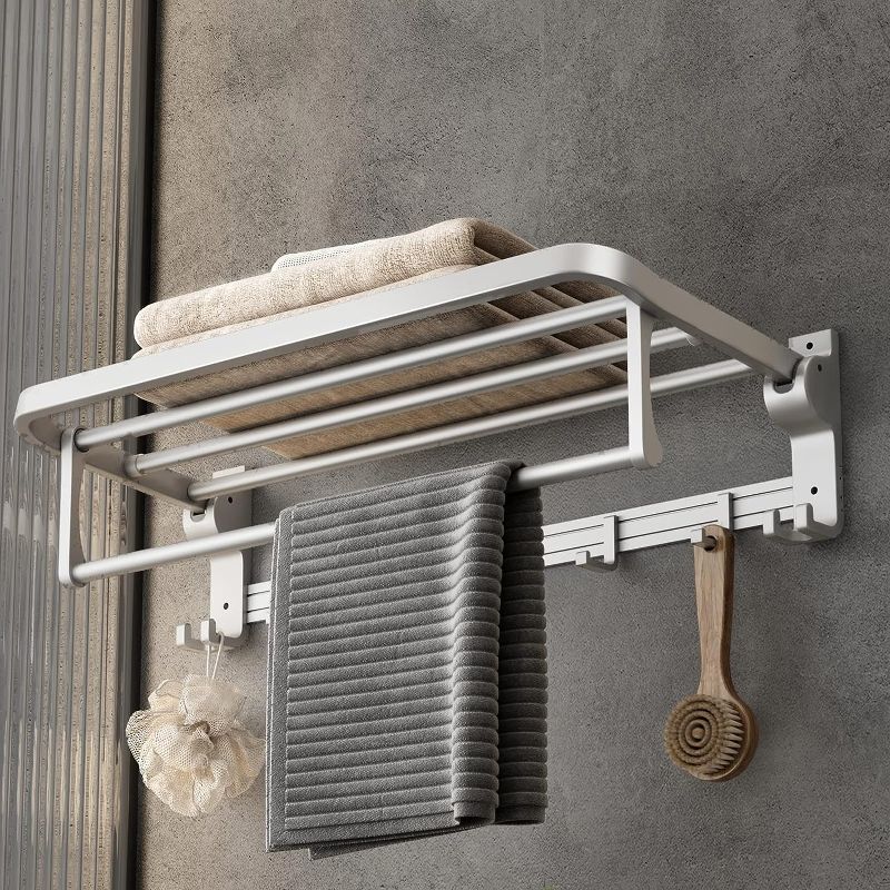 Photo 1 of 24 Inch Towel Rack with Towel Bar Holder Foldable Towel Shelf with Movable Hooks Rustproof Towel Storage Wall Mount for Bathroom Lavatory Silver
