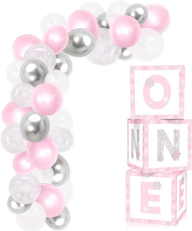 Photo 1 of 2pk of First Birthday Balloon Boxes Decorations Pink White Winter Onederland 1st Birthday Boxes Blocks for Baby Girls Holiday Snowflake Birthday Party Supplies Cake Smash Photo Props Backdrop
