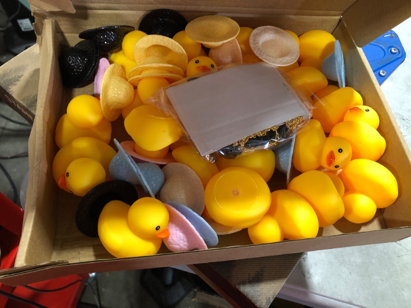 Photo 2 of 25 Pcs Mini Rubber Ducks with 25 Sunglasses 25 Knitting Hats 25 Necklace and 30 Sticky Points, Rubber Ducky Bath Toy Squeaky Bathtub Duckies for Birthday Party Favors Car Home Decorations Winter Style