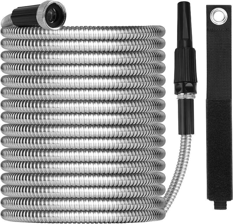 Photo 1 of 100ft Garden Hose Made by Metal with Super Tough and Soft Water Hose, Household Stainless Steel Hose, Durable Metal Hose with Adjustable Nozzle