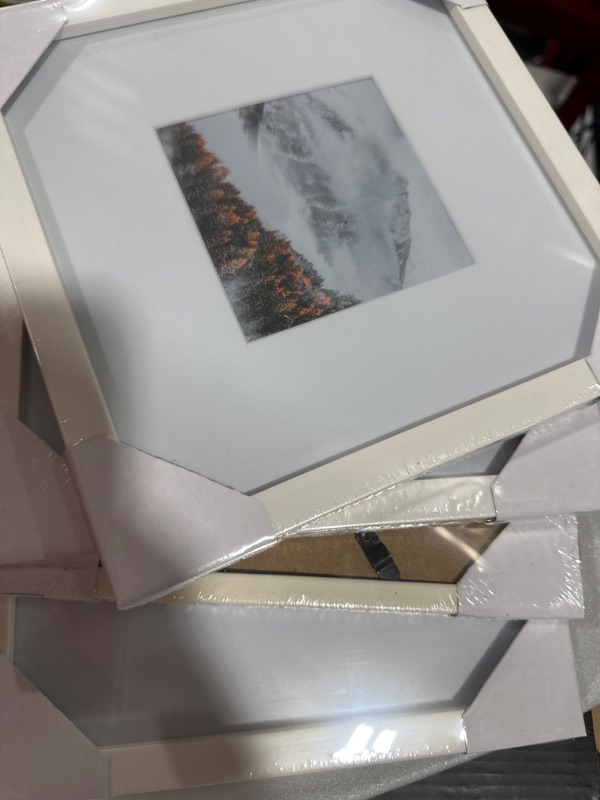 Photo 2 of  8x8 Picture Frames White, Photo Frames with Real Glass for Picture 4x4 with Mat or 8x8 without Mat, Composite Wood Picture Frames for Table Top and Wall Mounting, Set of 4
