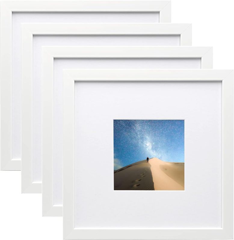 Photo 1 of  8x8 Picture Frames White, Photo Frames with Real Glass for Picture 4x4 with Mat or 8x8 without Mat, Composite Wood Picture Frames for Table Top and Wall Mounting, Set of 4