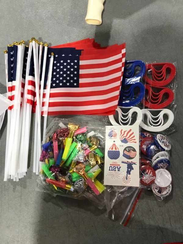 Photo 2 of 176 Pcs Patriotic Party Favors 4th of July Accessories Silicone Bracelet Button Badges Pins Temporary Tattoo Hand Held USA Flags Whistles Blower Blow Outs for Independence Day Decor Parades Giveaways