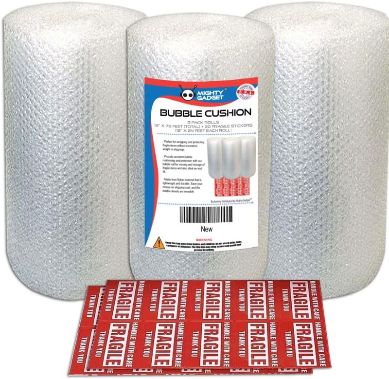 Photo 1 of 3 Pack Mighty Gadget Bubble Cushioning Wrap Rolls, Air Bubble, 12 Inch x 72 Feet Total, Perforated Every 12", 20 Bonus Fragile Stickers Included
