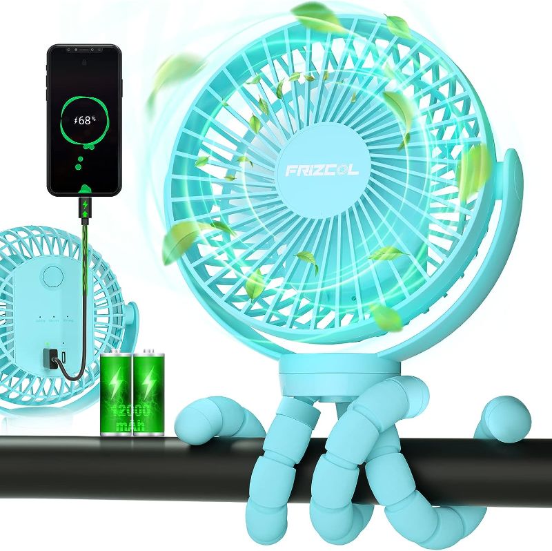 View 1 of FRIZCOL Portable Stroller Fan, Use As Power Bank, 55H 12000mAh Battery Operated Fan Flexible Tripod Baby Car Seat Fan, Personal Mini Handheld/Desk/Small Clip On Fans For Stroller, Carseat (Blue02)
