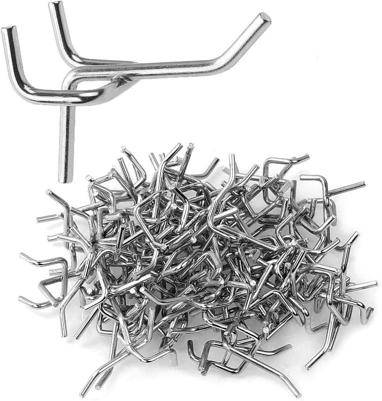 Photo 1 of 100 Pack Metal Pegboard Hooks 1 Inch AConnet 1/8" Pegboard Hooks Heavy Duty Board Shelving Peg Hooks for 1/4" - 1/8” Thick Metal Perforated Pegboard, Pegboard Counters Display, Crafts Peg Boards
