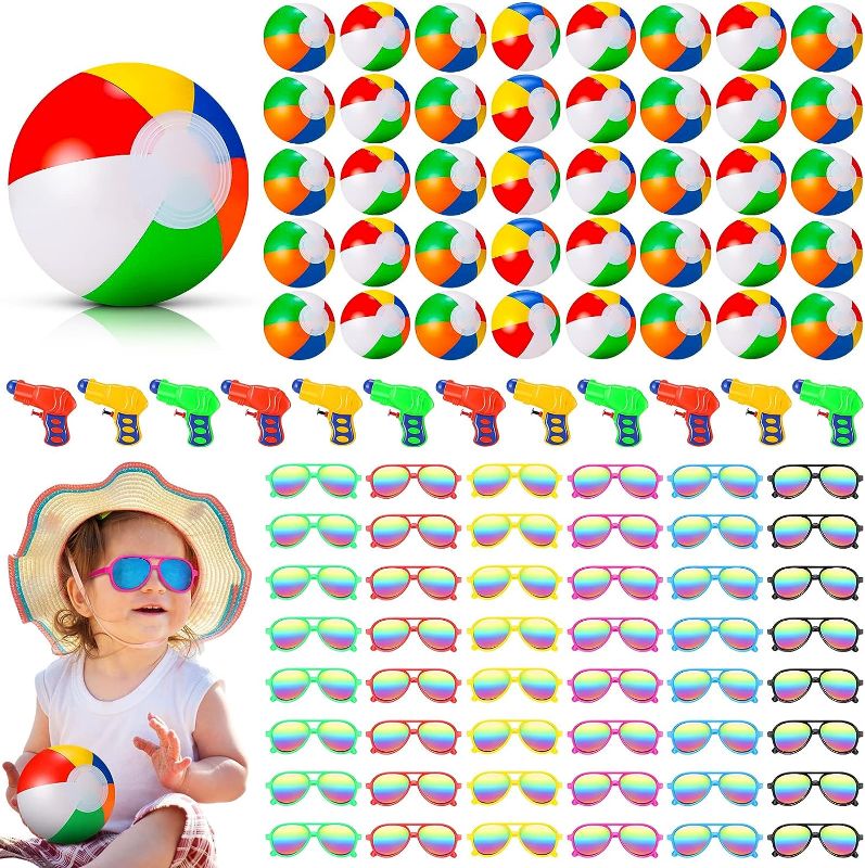 Photo 1 of 110 Pcs Beach Pool Party Favors Bulk Summer Pool Decor Include 50 Pcs 5.9 Inches Beach Balls 48 Pcs Boys Girls Sunglasses 12 Pcs Squirt Water Guns for Boys Girls Classroom Outdoor Pool Birthday Party
