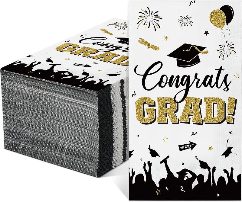 Photo 1 of 100 Pcs Congrats Grad Napkins Paper Graduation Party Disposable Guest Towels Class of 2023 Paper Hand Towels for School University College Graduation Party Supplies, 3 Ply (Black)
