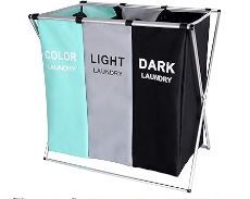 Photo 1 of 135L Laundry Cloth Hamper Bag Sorter Basket Bin Foldable 3 Sections with Aluminum Frame 24'' × 14'' x 23'' Washing Storage Dirty Clothes Bag for Bathroom Bedroom Home (Sky-blue)