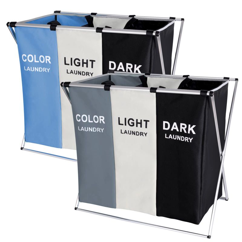 Photo 1 of 135L Laundry Cloth Hamper Bag Sorter Basket Bin Foldable 3 Sections with Aluminum Frame 24'' × 14'' x 23'' Washing Storage Dirty Clothes Bag for Bathroom Bedroom Home (2PCS Blue)