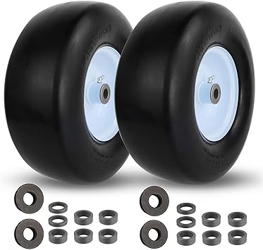 Photo 1 of 2 PCS Upgrade 13x5.00-6 Flat Free Lawn Mower Tire and Wheel with 3/4" & 5/8" Grease Bushing, Zero Turn Mower Front Solid Tire Assembly for Commercial Grade Lawn, Garden Turf, 3.25"-5.9" Centered Hub
