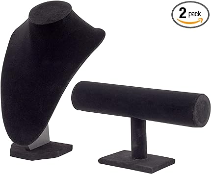 Photo 1 of 2-Piece Black Velvet Jewelry Display Set, T-Bar Stand and Mannequin Bust for Necklaces, Bracelets, Bangles, Chains, Anklets, Earring Holder for Retail Shops, Boutiques
