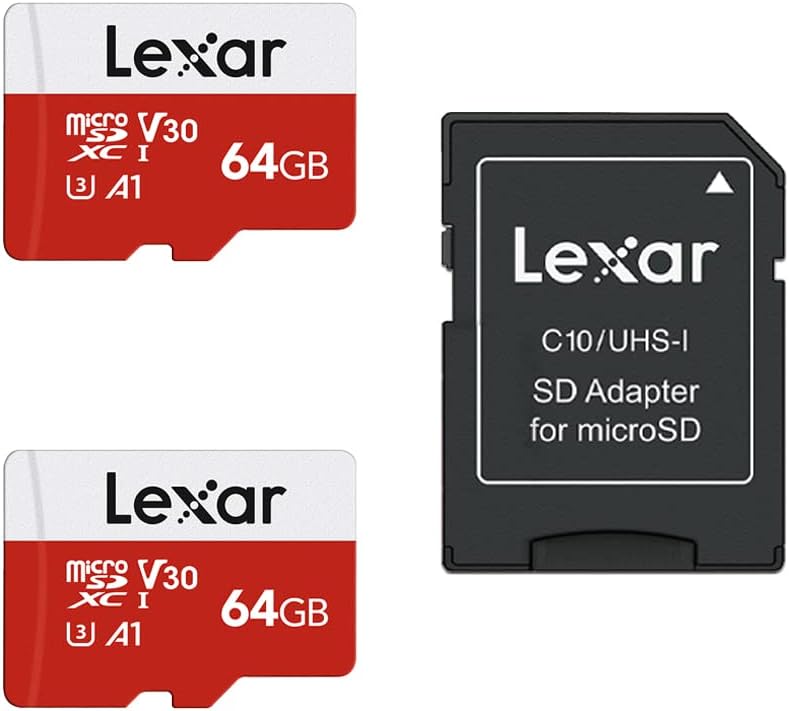 Photo 1 of Lexar 64GB Micro SD Card 2 Pack, microSDXC UHS-I Flash Memory Card with Adapter - Up to 100MB/s, U3, Class10, V30, A1, High Speed TF Card (2 microSD Cards + 1 Adapter)
