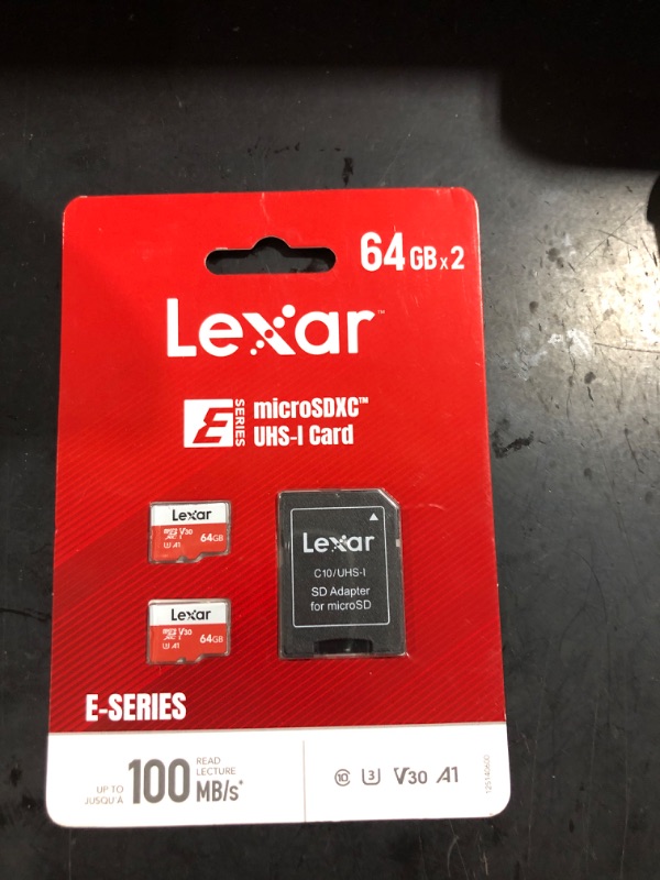 Photo 2 of Lexar 64GB Micro SD Card 2 Pack, microSDXC UHS-I Flash Memory Card with Adapter - Up to 100MB/s, U3, Class10, V30, A1, High Speed TF Card (2 microSD Cards + 1 Adapter)
