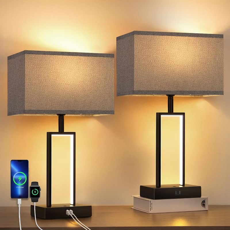 Photo 1 of (**Stock Photo**)Table Lamps Set of 2, Touch Control Bedside Table Lamp for Living Room, 3 Colors Changeable Nightstand Lamps with USB Ports, Bedside Lamps for Bedroom Office, LED Bulbs Included (Black)