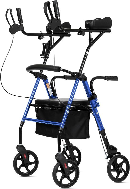 Photo 1 of ELENKER Upright Walker, Stand Up Rollator Walker with Padded Seat and Backrest, Lightweight, Compact Folding, Fully Adjustment Frame for Seniors, Blue 