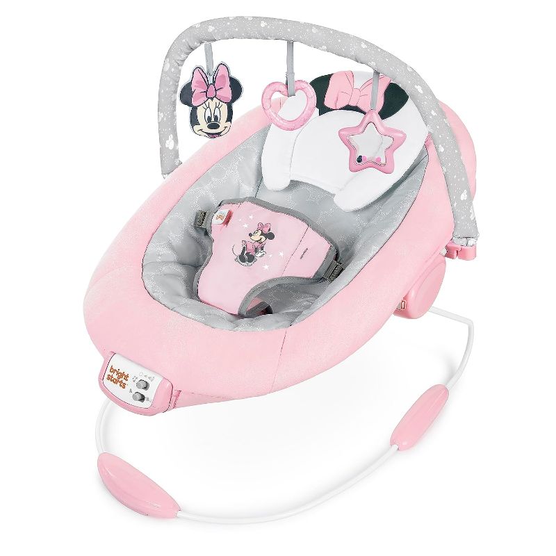 Photo 2 of Bright Starts Disney Baby MINNIE MOUSE Comfy Baby Bouncer Soothing Vibrations Infant Seat - Music, Removable-Toy Bar, 0-6 Months Up to 20 lbs (Rosy Skies)
