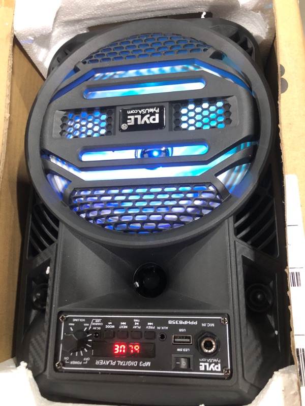 Photo 2 of Portable Bluetooth PA Speaker System - 300W Rechargeable Outdoor Bluetooth Speaker Portable PA System w/ 8” Subwoofer 1” Tweeter, Microphone In, Party Lights, MP3/USB, Radio, Remote - Pyle PPHP835B