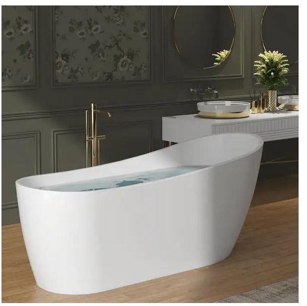 Photo 1 of 59 in. Acrylic Oval Slipper Flatbottom Freestanding Bathtub in Glossy White
